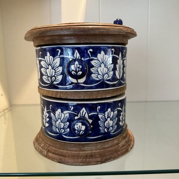 Apothecary Chest Latch Drawers Blue White Ceramic HEAVY Wood Bohemian Boho Decor - Picture 11 of 13